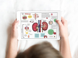 child holds ipad and reading a digital biology book