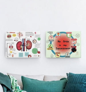 two biology info canvas in a living room with gray and blue couch